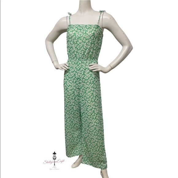 VINTAGE Handmade 70s 80s OOAK Green Polyester Floral SpaghettiStrap Jumpsuit S M - Picture 6 of 16